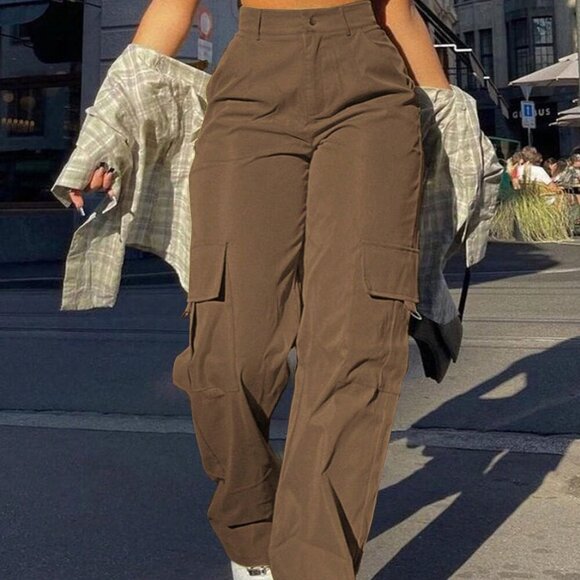 Pants - Coffee Brown Casual Women's Plain Loose Straight-Leg Cargo Pants With Pockets